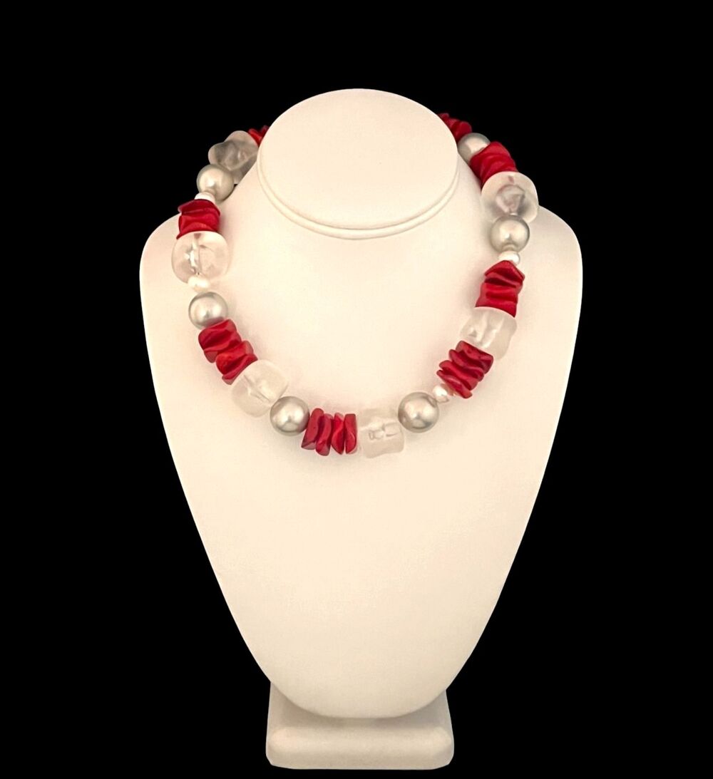 Vintage 1980s Necklace Red Lucite Bead Statement Silver Tone - 5V
